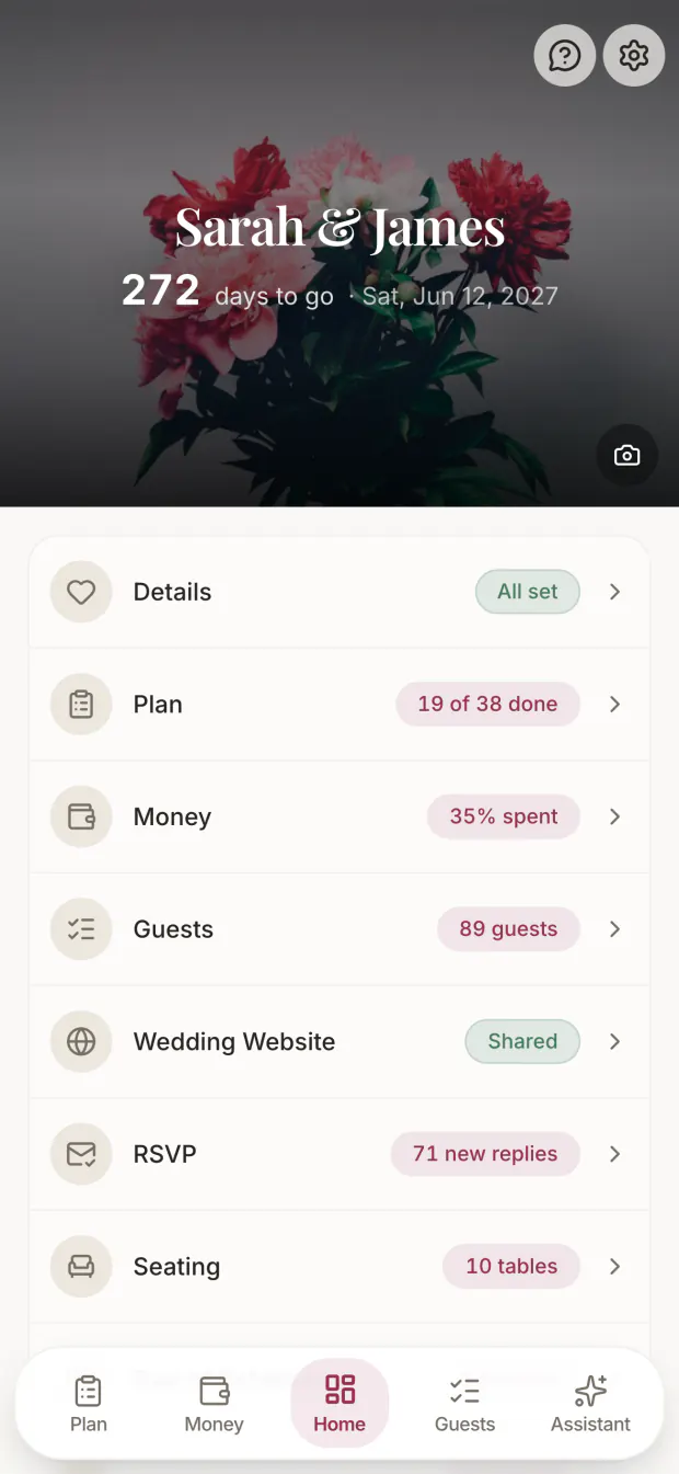 The ForeverAfter dashboard, showing the countdown, the plan, the budget and RSVP replies.